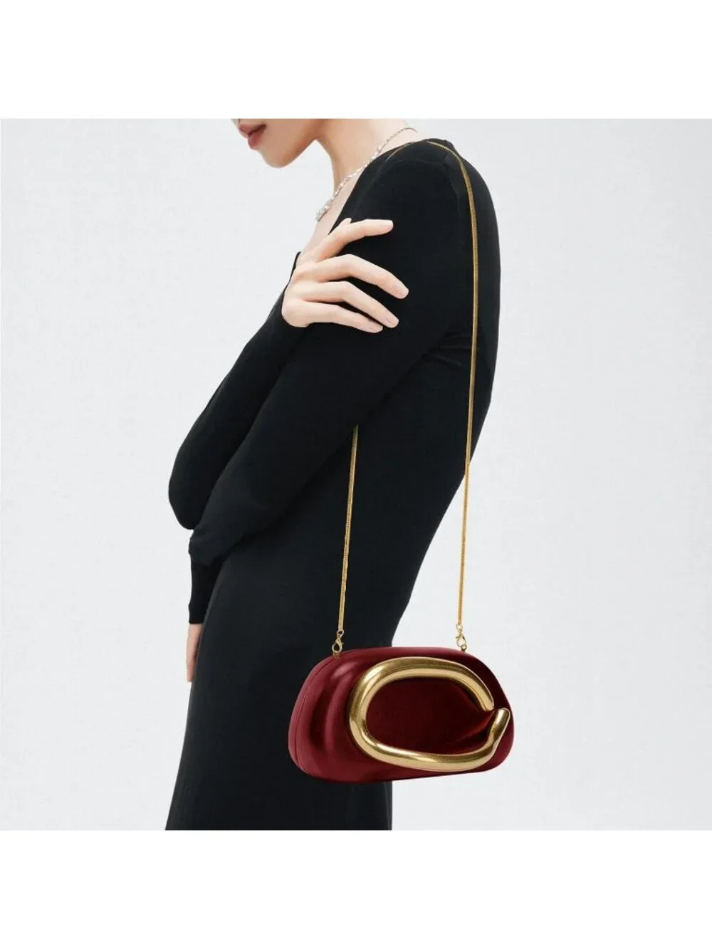 Women’s Leather Wine Red Acrylic Shell Clutch Purse Gold Chain Evening Handbag